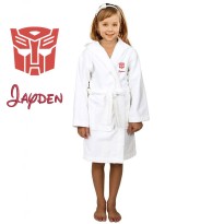 Red Robo Cartoon Design & Custom Name Embroidery on Kids Hooded Bathrobe